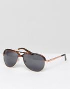 Asos Aviator Sunglasses In Matte Tort With Gold Metal Arms - Brown