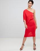 Asos Design One Shoulder Drape Pencil Dress - Red