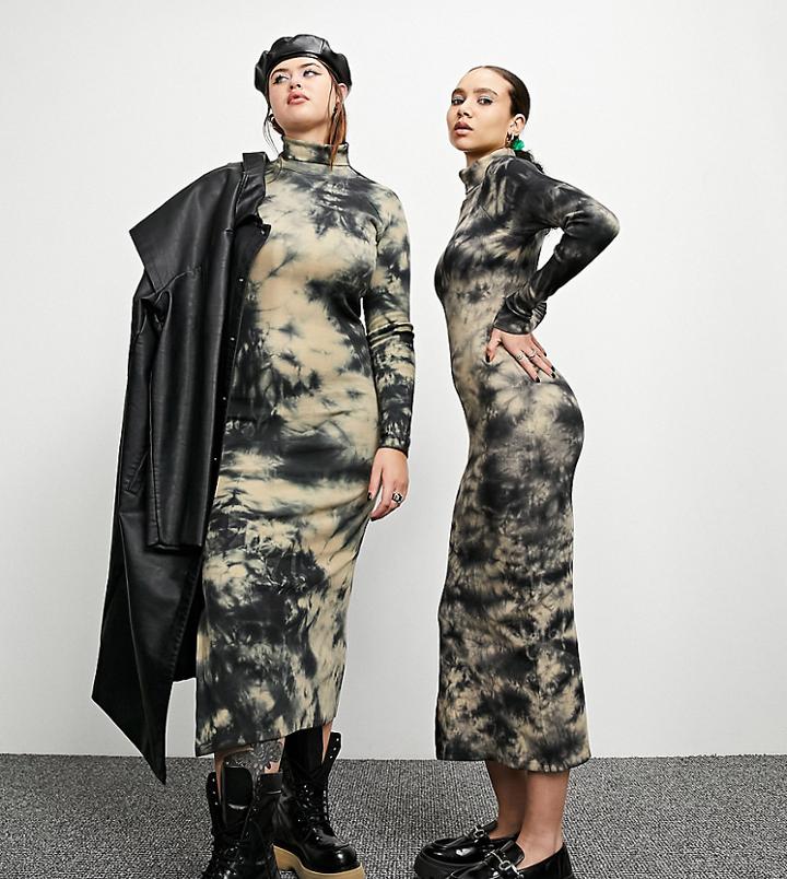 Collusion Roll Neck Tie Dye Maxi Dress In Mono-white