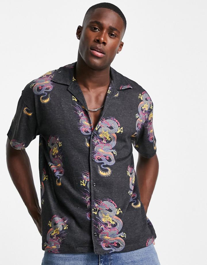 Jack & Jones Originals Short Sleeve Shirt With Revere Collar In Black Dragon Print
