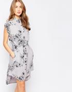 Closet Floral Long Line Shirt Dress - Gray And Black