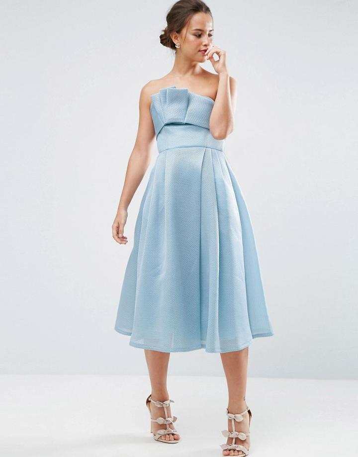 Asos Premium Bandeau Airtex Fold Front Midi Dress - Blue