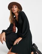 Asos Design Textured V Neck Long Sleeve Mini Dress With Buttons In Black