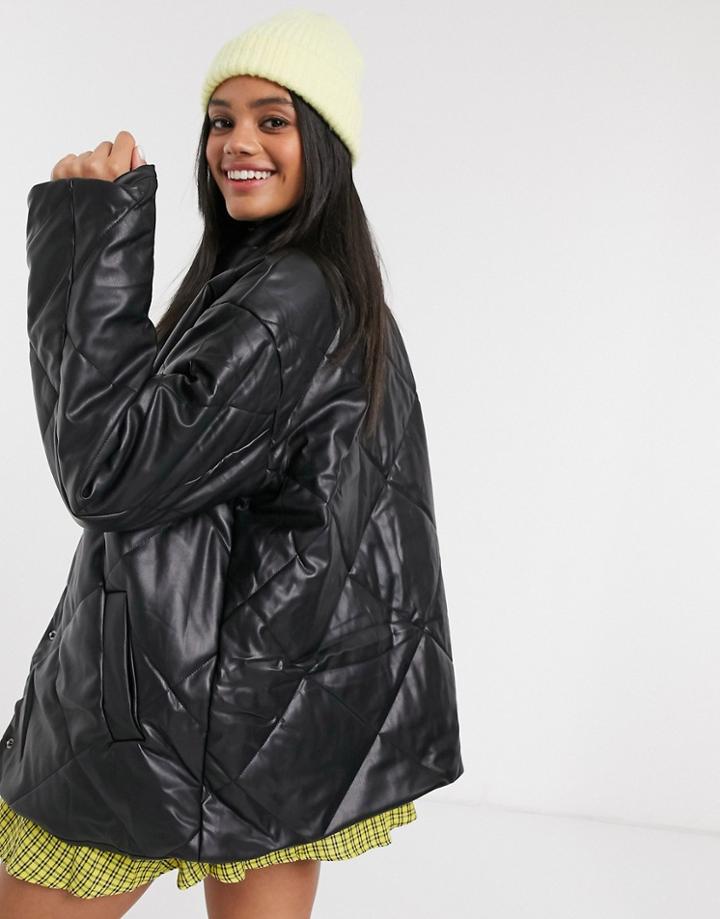 Asos Design Leather Look Quilted Wrap Jacket In Black-white