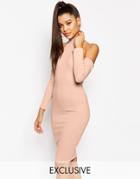 Naanaa Midi Dress With Cut Out Shoulder And Lace Up Back - Nude