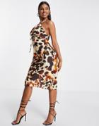 Asos Design Halter Satin Midi Dress With Keyhole Detail In Tortoise Shell Print-multi