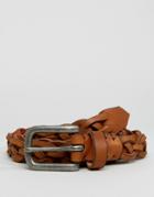 Asos Slim Tan Leather Plaited Belt With Silver Buckle - Tan