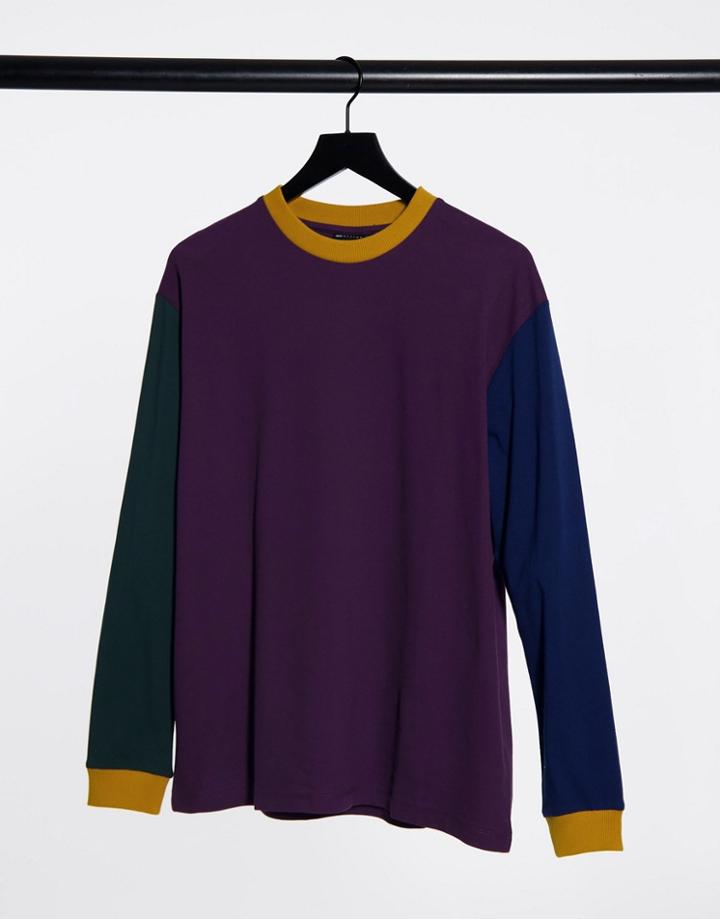 Asos Design Relaxed Long Sleeve T-shirt In Pique And Single Jersey Mix-purple