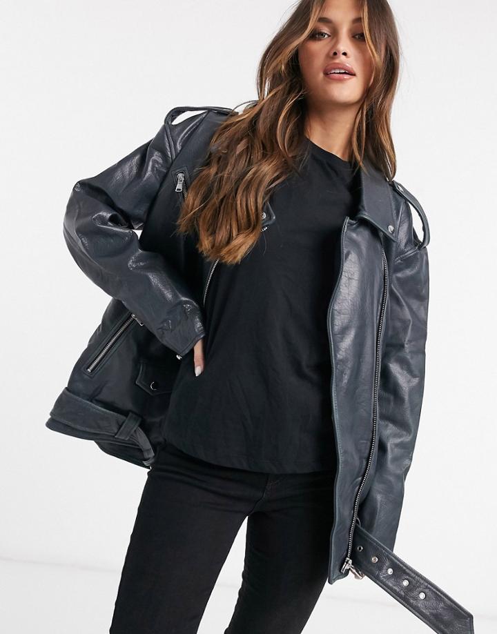 Asos Design Oversized Washed Leather Biker Jacket In Black