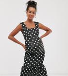 Asos Design Maternity Polka Dot Square Neck Scallop Pephem Midi Dress - Multi