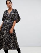 Liquorish Floral Wrap Midi Dress With Kimono Sleeve - Black