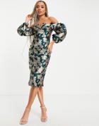 Asos Design Dome Sleeve V Wire Pencil Midi Dress In Green & Gold Jacquard-multi