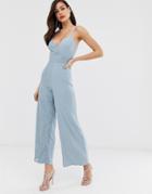 Little Mistress Cami Strap Wide Leg Jumpsuit With Lace Detail - Blue