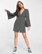 Asos Design Button Through Mini Dress With 70s Sleeve In Black Animal Spot Print-multi