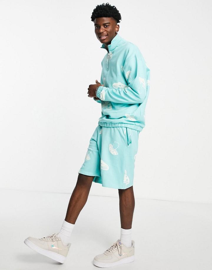 Asos Design Oversized Jersey Shorts In Blue With All Over Mushroom Prints - Part Of A Set-multi
