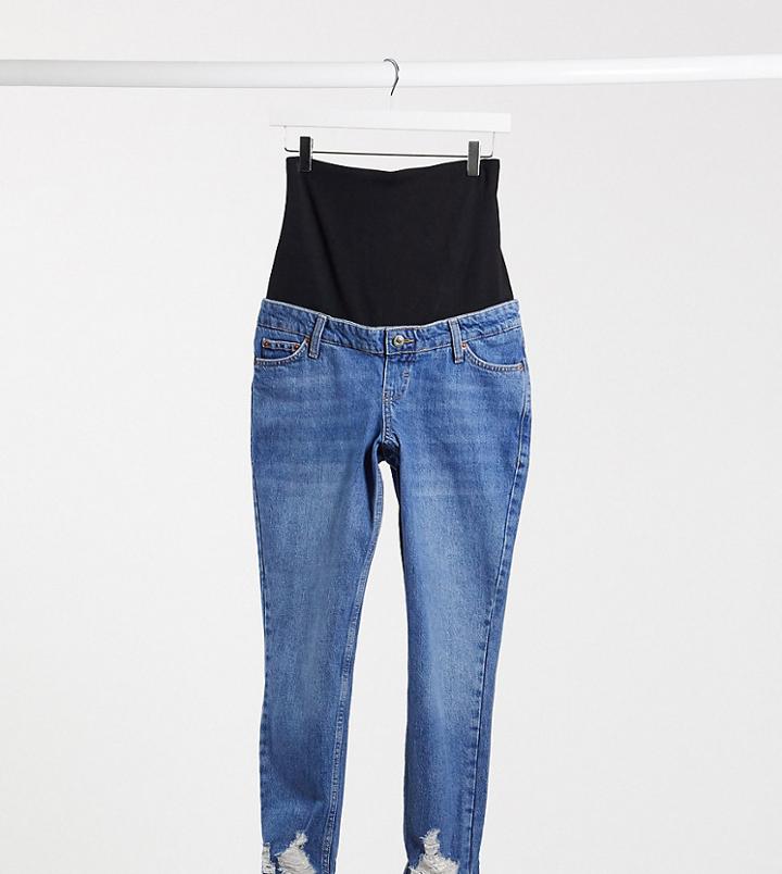 Topshop Maternity Mom Rip Hem Overbump Jeans In Mid Wash-blues