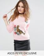 Asos Petite Tiger Sweater With Floral Embroidery - Pink