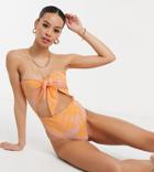 Asos Tall Tie Front Cut Out Swimsuit In Sunbleached Orange Tie Dye