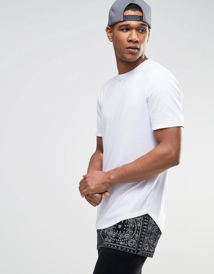 Asos Super Longline T-shirt With Bandana Print And Hem Extender - White