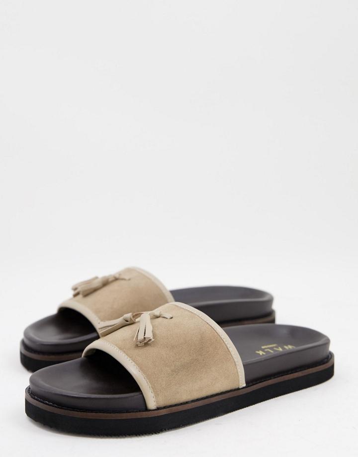 Walk London Ronny Tassel Slider Sandals In Beige Suede-neutral