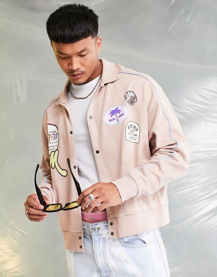 Asos Design Oversized Jersey Jacket In Beige With Varsity Badge Prints-neutral