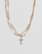 Asos Design Multirow Necklace With Vintage Style Cross And Twist Chain In Gold - Gold