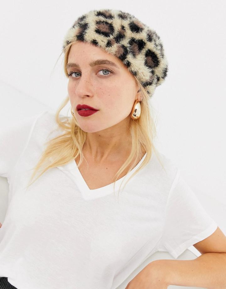 Stradivarius Fur Leopard Beret - Multi