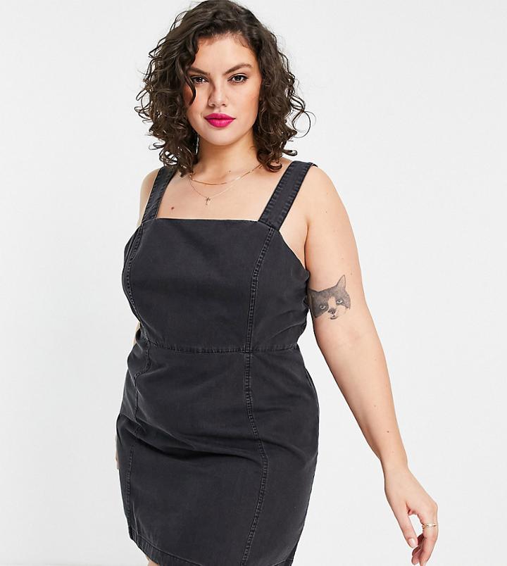 Asos Design Curve Soft Denim Mini Pinafore Dress In Washed Black