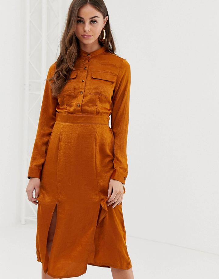 Boohoo Shirt Dress With Side Splits In Rust - Brown