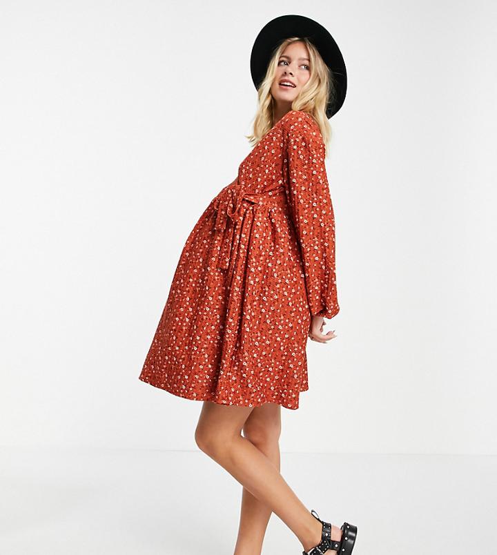 Asos Design Maternity Smock Oversized Mini Wrap Dress In Rust Whimsy Floral-orange