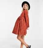 Asos Design Maternity Smock Oversized Mini Wrap Dress In Rust Whimsy Floral-orange