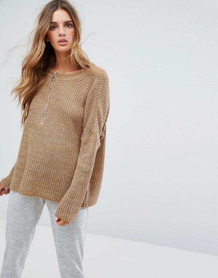 Micha Lounge Slouchy Zip Detail Sweater - Tan
