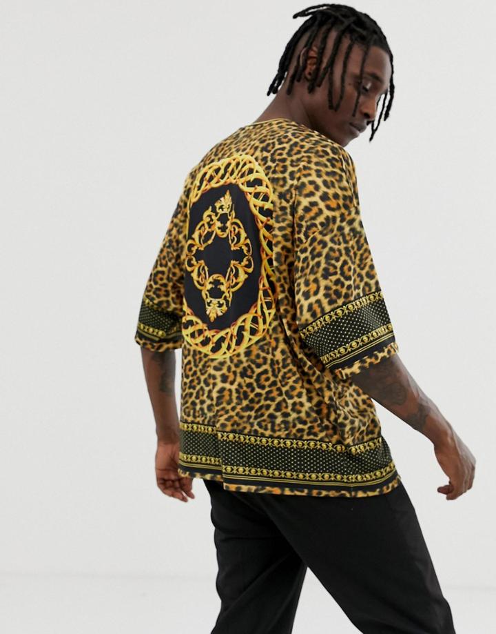Asos Design Oversized Leopard Print T-shirt With Border And Back Print - Multi