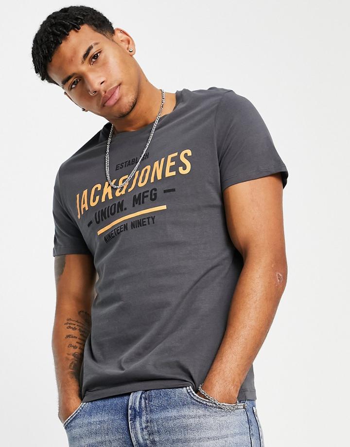 Jack & Jones Logo Crew Neck T-shirt In Ashphalt Gray-grey