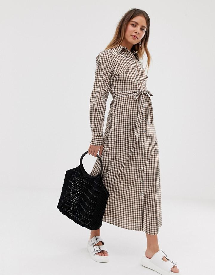 Nobody's Child Maxi Shirt Dress In Gingham - Brown