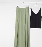 Asos Design Tall Double Split Maxi Skirt In Khaki-green