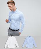 Asos Design Slim Shirt 2 Pack In White And Blue Save-multi