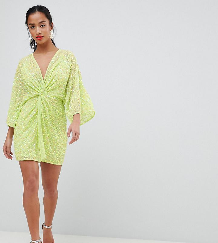 Asos Design Petite Super Mini Kimono Dress In Sequin-green
