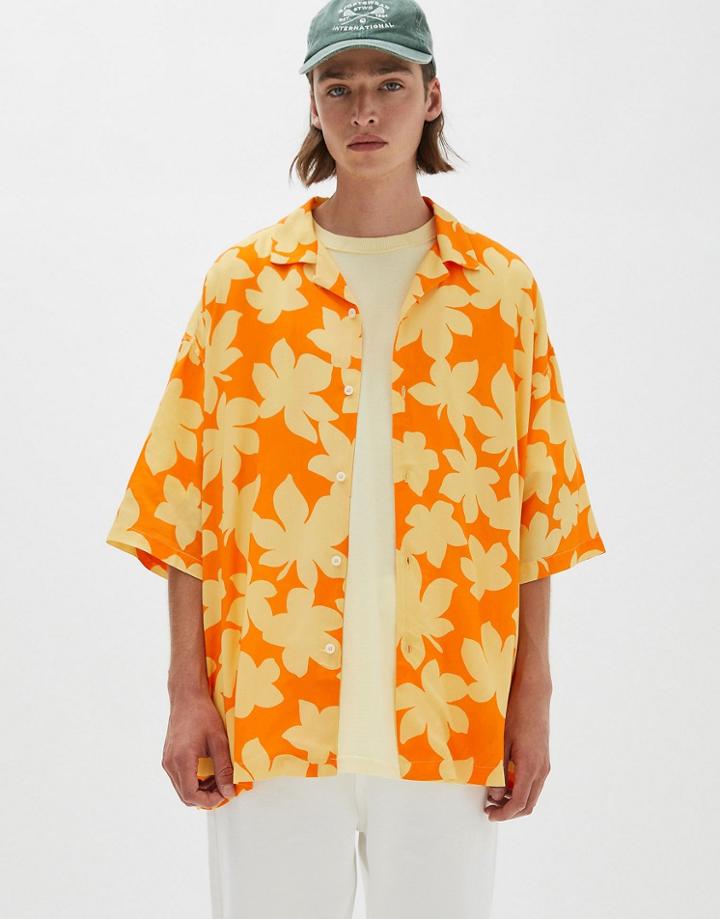 Pull & Bear Printed Shirt In Yellow And Orange Floral-multi