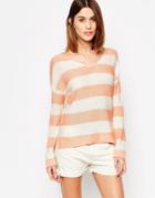 Vila Snip Stripe V Neck Sweater - White