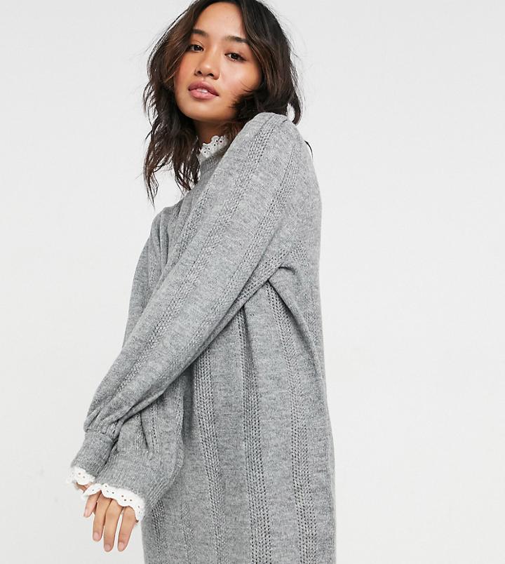 Asos Design Petite Knitted Dress With Lace Detail In Gray-grey