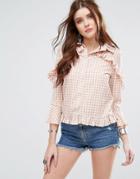 Missguided Check Frill Detail Blouse - Pink