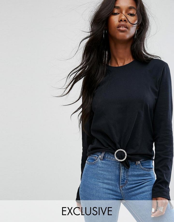 Milk It Vintage Long Sleeve Top With Rhinestone Buckle - Black