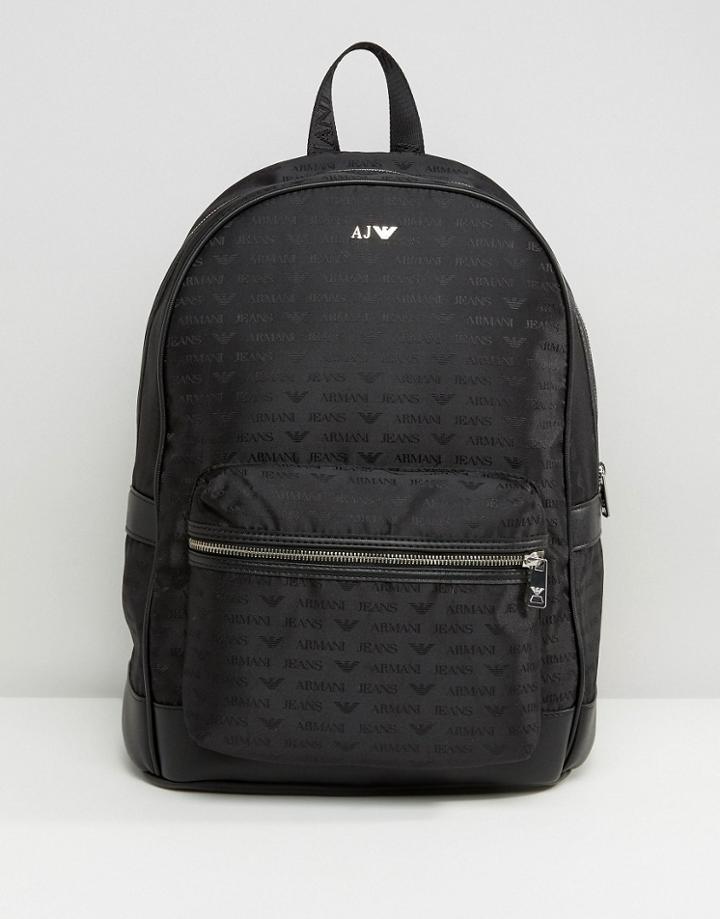 Armani Jeans All Over Logo Backpack In Black - Black