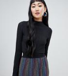 Monki Flared Sleeves High Neck Plisse Top In Black