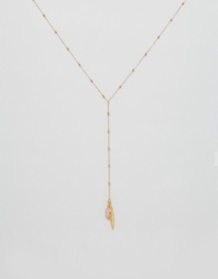Ottoman Hands Feather & Stone Lariat Necklace - Gold