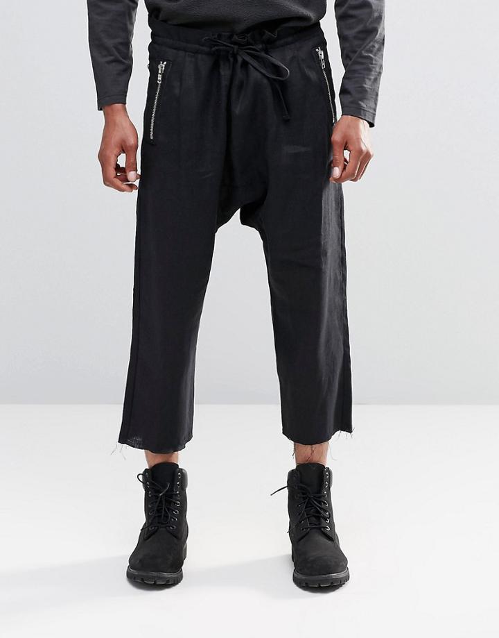 Asos Drop Crotch Wide Leg Trousers With Exposed Zips In Dark Grey Linen - Dark Gray