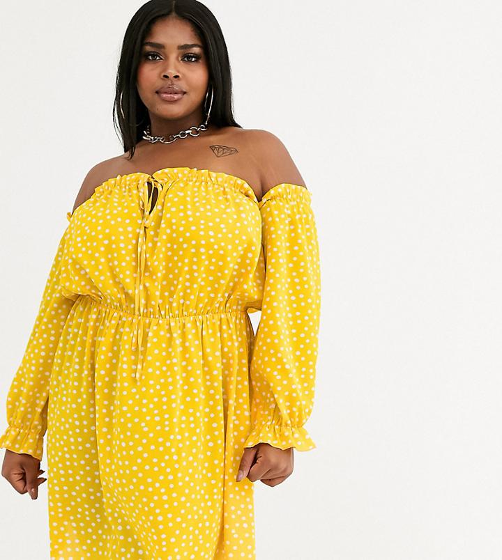 Koco & K Plus Bardot Gathered Off Shoulder Mini Dress In Orange Geo Print - Orange