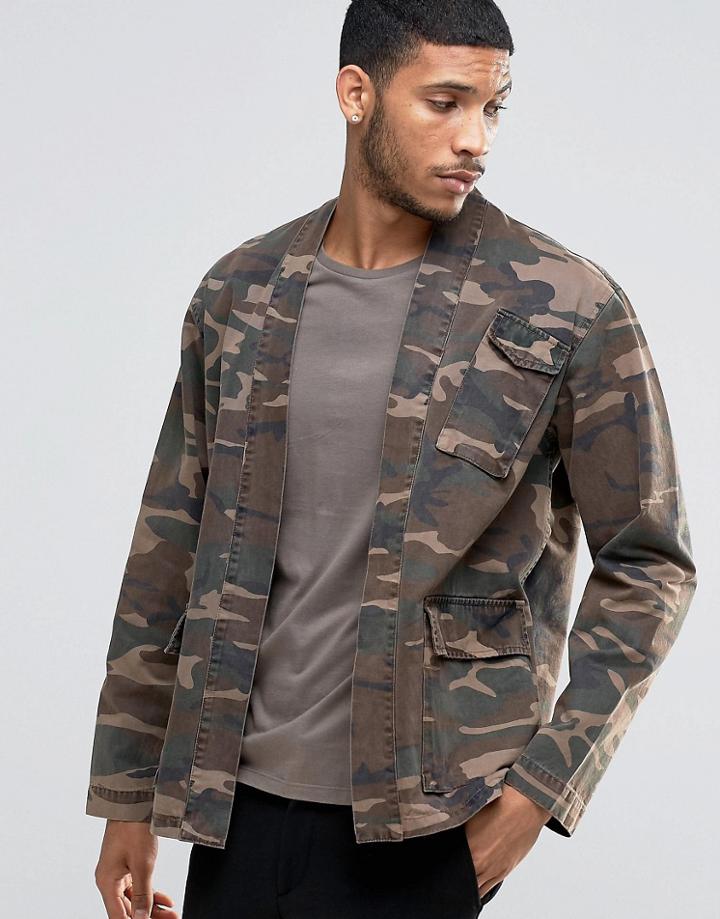 Asos Military Kimono With Pockets And Camo Print - Green