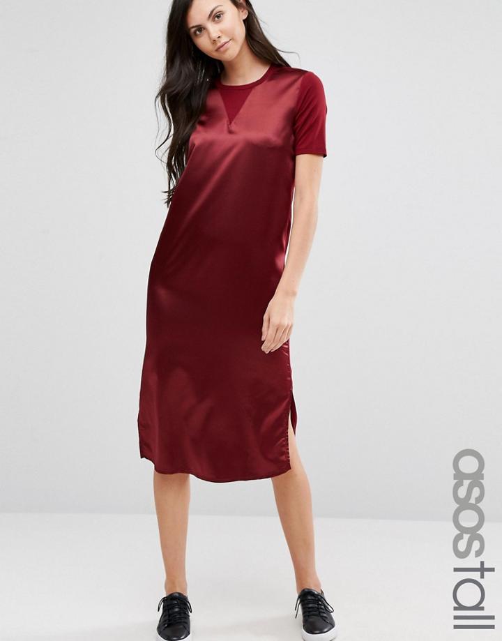 Asos Tall Satin Front T-shirt Midi Dress - Red